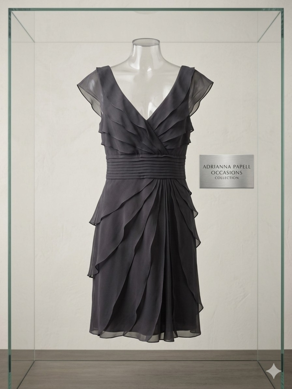 Adrianna Papell Charcoal Ruffle V-Neck Midi Dress